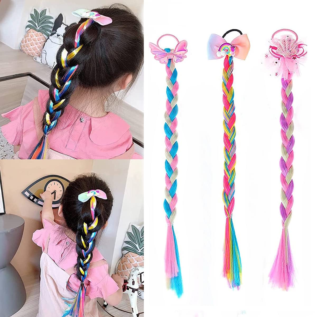 SANNIDHI 3pcs Colored Braids Ponytails Hair Extensions with Rubber Bands, Glitter Rainbow Braided Ponytails Extension Hairstyle Accessories Hairpieces for Girls Kids Party Highlights Cosplay SANNIDHI 3pcs Colored Braids Ponytails Hair Extensions with Rubber Bands, Glitter Rainbow Braided Ponytails Extension Hairstyle Accessories Hairpieces for Girls Kids Party Highlights Cosplay